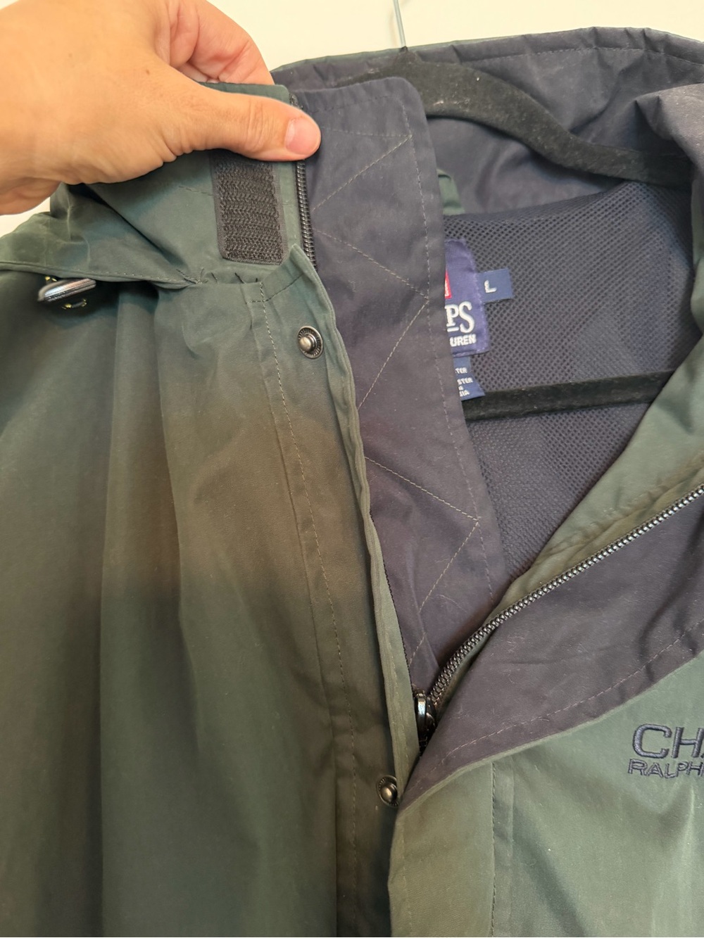 Vintage Chaps Ralph Lauren Men’s L Hooded Windbreaker Jacket Green Navy 90s - Picture 3 of 6